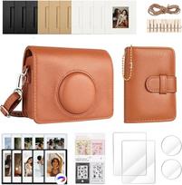 „Mini EVO“ fotoaparato dėklas ir priedų rinkinys, skirtas „Fujifilm Instax Mini EVO“ fotoaparatui: dėklas, LCD ekrano ir objektyvo apsauga, nuotraukų albumas, nuotraukų rėmelis ir lipdukai – rudos spalvos