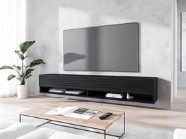 „MINIO Go for It“ žema televizoriaus spintelė 100 x 30 x 33 cm, durelės ir lentynos su LED apšvietimu | Atviros nišos iš laminuotos medžio drožlių plokštės, praktiška ir funkcionali, grafito juodos spalvos / banguoto rašto