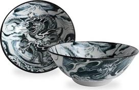 „Mino Ware“ japonų keramikinė ramen makaronų „donburi“ dubenėlė (2 vnt. rinkinys), pagaminta Japonijoje (su drakonu ir kalnu, „Fuji Black“), KND204