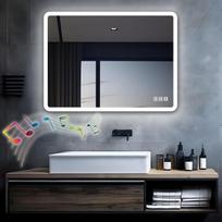 „MIQU LED“ vonios veidrodis su apšvietimu, 80 x 60 cm, vonios veidrodis, didelis vonios veidrodis su „Bluetooth“ ir kištukine lizda, valdomas lietimu, reguliuojamas apšvietimas, šilta/balta šviesa, nuo rasos apsaugotas sieninis veidrodis, skirtas vonios k