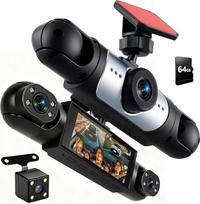 „Mirror Dash Cam“ 4 kanalų priekinė ir galinė kamera, 3,16 colio galinio vaizdo veidrodžio kamera su G-jutikliu / stovėjimo stebėjimu / naktinio matymo funkcija / 24 val. stovėjimo režimu, 360 laipsnių apsauga + 64GB kortelė