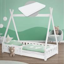 „ML-Design“ „Teepee“ vaikų lova, 80 x 160 cm, balta, su čiužiniu, apsauga nuo nukritimo ir groteliniu rėmu, pagaminta iš pušies medžio, indiško stiliaus lova iš masyvios medienos mergaitėms ir berniukams, namelio formos lova su tvorele, paauglių lova, žai