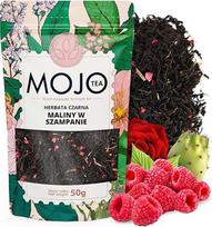 „Mojo Tea“ juodoji arbata su avietėmis ir šampanu, 50 g – aromatizuota „Assam“ juodoji arbata su avietėmis, rožių žiedlapiais, opuncijų žiedais ir citrinžole – vaisinė ir gėlių aromato aukščiausios kokybės birioji arbata