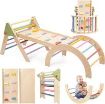 „Montessori“ laipiojimo konstrukcija patalpoms, 7-in-1 medinis laipiojimo žaislas, sulankstomas „Pikler“ trikampis su čiuožykla, kopėčiomis ir žaidimų lanku, žaidimų įrenginys patalpoms kūdikiams ir vaikams nuo 1 iki 3 metų – vaivorykštė
