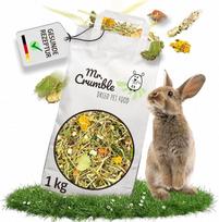 „Mr. Crumble Hoppel Mix“ triušių pašaras, 1 kg – pagrindinis pašaras nykštukiniams triušiams – be granulių, su žolėmis, vaistažolėmis, daržovėmis ir šaknimis – didelis žaliųjų skaidulų kiekis, palengvinantis virškinimą ir dantų šlifavimą
