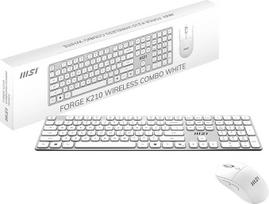 „MSI Forge K210“ belaidis klaviatūros ir pelės rinkinys, baltos spalvos (vokiškas išdėstymas) – „Scissors“ tipo jungikliai, žemo profilio, 2,4 GHz, 120 valandų veikimo laikas, įkraunama baterija, USB 2.0, pelė, optinis jutiklis, 1600 DPI, subalansuotas