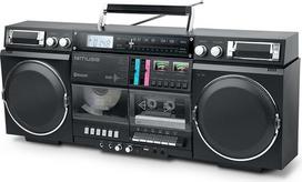 „MUSE M-380GB“ retro grotuvas su „Bluetooth“, CD, kasetės grotuvu, FM radiju ir USB jungtimi, 80 W garso sistema su AUX jungtimi, SD kortelės lizdu, ausinių ir mikrofono lizdais, klasikinė stereo sistema, atkartojanti 80-ųjų stilių