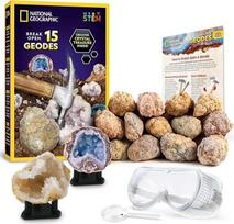 „National Geographic“ 15-dalių prabangus geodų skaldymo rinkinys – su apsauginiais akiniais, mokomuoju vadovu ir 3 ekspoziciniais stovais – puikus, naujas mokslinis žaislas ir mokomasis rinkinys