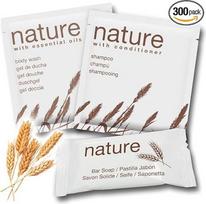 „Nature“ higienos priemonių rinkinys | Dušo gelis + šampūnas + muilo gabaliukas | 100 vnt. x 3 pakuotė