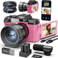 „NBD 5K“ skaitmeninis fotoaparatas, 64 MP, automatinis fokusavimas, 16 kartų skaitmeninis priartinimas, rožinis | 3 colių 180° atlenkiamas ekranas, „Wi-Fi“, mikrofonas, plačiakampis/makro režimai, 2 baterijos, 32GB kortelė, tinkamas vlogams, kelionėms, p