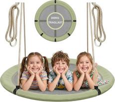 „Nest Swing“ 120 cm apvalios sūpynės lauke ir viduje – keliamoji galia 300 kg – krepšelinės sūpynės, vaikų sūpynės – sodo sūpynės su reguliuojamu aukščiu, plokščios sūpynės vaikų kambariui, pilkos ir žalios spalvos