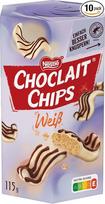 „Nestlé Choclait Chips White“ – skanūs traškūs traškučiai su migdolų skoniu, apvilkti baltuoju šokoladu ir papuošti dekoratyvinėmis pieno šokolado juostelėmis, 10 vnt. pakuotė (1 x 115 g)
