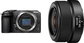 „Nikon Z 30“ korpusas ir „Nikkor Z DX 24 mm f/1,7“ objektyvas (su objektyvo gaubtu HN-42)