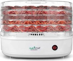 „Nutrichef“ džiovintuvas su 5 dėklais – baltas, be BPA, skirtas mėsai, vaisiams, grybams ir daržovėms džiovinti, reguliuojama temperatūra iki 82 °C, galia 250 W, tylus ir lengvai valomas