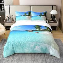 „Ocean“ 100 % išplautos medvilnės antklodės užvalkalas, 135 x 200 cm, antklodės užvalkalas su palmių lapų raštu, vasariškas paplūdimio stilius, Havajų atostogų stiliaus patalynės komplektas, žali palmių medžiai, atogrąžų gamta, jūros tematikos antklodės u