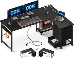 „ODK“ kampinis stalas su stalčiais, apverčiamas L formos kompiuterinis stalas su elektros lizdu, biuro stalai su USB įkrovimo prievadu ir laikikliu namų biurui, juodos spalvos, 135 × 100 cm