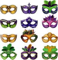 „OIDEA“ unisex karnavalo kaukių rinkinys – 12 vnt. spalvingų pusveidžių plunksninių Mardi Gras kaukių, maskarado vakarėlio aksesuarų, popierinių kostiumų aksesuarų, dovana moterims ir vyrams