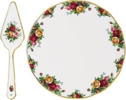 „Old Country Roses“ serijos „Royal Albert“ OLCORO torto lėkštė ir mentelė, 29,5 cm / 11 colių, balta