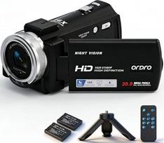 „ORDRO V12“ vaizdo kamera, 1080p, infraraudonųjų spindulių naktinio matymo funkcija, skirta „YouTube“ vlogams kurti, skaitmeninis fotoaparatas su 16 kartų priartinimu, komplektuojamas su mini trikoju, nuotolinio valdymo pultu ir 2 baterijomis