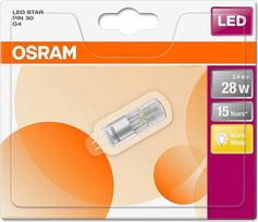 „Osram LED Star Special Pin“, su G4 pagrindu, be apšvietimo reguliavimo funkcijos, atitinka 28 vatų galią, skaidri, šilta balta – 2700 kelvinų, 9 vnt. pakuotė