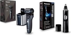 „Panasonic“ ES-LV97-K803 skustuvas, skirtas skustis tiek su vandeniu, tiek sausai, su 5 krypčių skustuvo galvute ir linijiniu varikliu, komplekte su valymo ir įkrovimo stotele, juodos spalvos, bei ER-GN300 nosies plaukų kirpiklis, lankstus, juodos spalvos