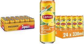 „Paulaner Spezi“, 24 skardinių dėžutė, vienkartinė (24 x 0,33 l) ir „Lipton Ice Tea Peach“, persikų skonio ledinė arbata, vienkartinės skardinės (24 x 0,33 l)