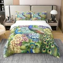 „Peacock“ 100 % natūralaus medvilnės antklodės užvalkalas 135 x 200, hortenzijos lapo motyvo antklodės užvalkalas, gėlių ir gražių paukščių patalynės komplektas, elegantiškas gyvūnų motyvo patalynės komplektas, miegamojo dekoracija, mėlyna, violetinė, žal
