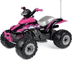 „PEG Corral T-Rex“ 330 W rožinis elektrinis keturratis vaikams nuo 3 metų su LED žibintais, garso efektais, 2 pavaromis ir atbuline pavara, įkraunama 12 V baterija