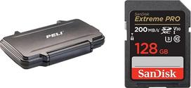 „PELI 0915“ atminties kortelių dėklas ir „SanDisk Extreme PRO“ SDXC UHS-I atminties kortelė, 128GB (V30, duomenų perdavimo greitis 200MB/s, U3, 4K UHD vaizdo įrašai, „SanDisk QuickFlow“ technologija)