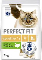 „Perfect Fit Sensitive 1+“ sausas maistas suaugusiems, jautriems katėms nuo 1 metų amžiaus – su dideliu kalakutienos kiekiu – be kviečių ir sojos – gerina virškinimą – 1 maišas po 7 kg