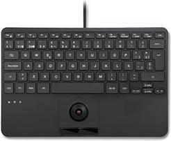 „Perixx Periboard-427 ES“ laidinė USB klaviatūra su integruotu pelės rutuliu, baltu ir raudonu apšvietimu, kompaktišku dizainu, 2 USB prievadais ir ispanų QWERTY klavišų išdėstymu