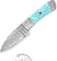 „Perkin Damascus“ medžioklinis peilis. Rankų darbo damaskinis medžioklinis peilis, 19,3 cm, turkio spalvos rankena