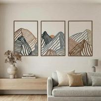 „Peryiter“ kalnų motyvo metalo sienų dekoracija „Mountain Line“ – abstrakti, minimalistinė, rustikalios gamtos stiliaus sienų dekoracija namams, vonios kambariui, svetainei, ryškių spalvų, 3 vnt. rinkinys