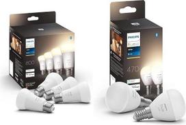 „Philips Hue White“ E27, 4 vnt. rinkinys, 4 x 800 lm, šilta balta šviesa, reguliuojamas apšvietimas, ir „White E14 Luster“, dvigubas rinkinys, 2 x 470 lm, reguliuojamas apšvietimas, šilta balta šviesa, valdomas per programėlę, suderinamas su „Amazon Alexa