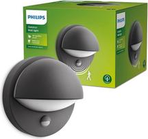 „Philips June“ lauko šviestuvas, sieninis šviestuvas, lauko šviestuvas su judesio jutikliu, lauko apšvietimas, IP44 atsparus atmosferos poveikiui, patvarus, aliuminis, modernus dizainas, antracito pilkos spalvos, E27 lemputė parduodama atskirai