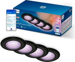 „Philips Smart Lighting“ GU10 LED įleidžiamų prožektorių rinkinys, 4 vnt., baltos spalvos ir reguliuojamos spalvos, išbaigtas sprendimas, pasukama galvutė, reguliuojamas apšvietimo intensyvumas, valdymas per programėlę, balso valdymas, juodos spalvos