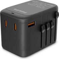 „Philips“ CHP9000BK 65 W GaN tarptautinis kelioninis įkroviklis su 3 USB-C ir 1 USB-A jungtimis, PD/QC greitasis įkrovimas, universalus kištuko adapteris (JAV/JK/ES/Australija), juodos spalvos