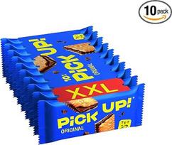 „PiCK UP!“ Originalus sausainių batonėlis su traškia pieno šokolado juostele tarp dviejų sausainių, užkandis kelionei, pakuotė po 10 vnt. po 28 g