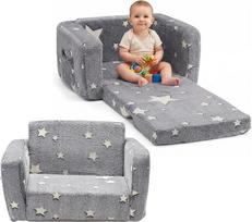 „Playpals“ vaikų fotelis, sulankstomas, sulankstoma vaikų sofa, „2-in-1“ vaikų sofa, šviečia tamsoje, vaikų sofa su nuimamu užvalkalu, putų užpildas, skirta vaikų kambariui, žaidimų kambariui, pilkos spalvos | Tamsoje šviečianti vaikų sofa su nuimamu apva