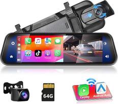 „Podofo Mirror“ vaizdo registratorius su belaidžiu „CarPlay“, „Android Auto“ ir HD galinio vaizdo kamera, 9,66 colio IPS jutikliniu ekranu, dvigubu 1080p galinio vaizdo veidrodžiu, vaizdo registratoriumi automobiliui, 2 atskirais ekranais, „Bluetooth“