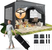 „Pop Up“ pavėsinė 3 x 3 cm, atspari vandeniui ir tvirta, 3 x 3 m pavėsinė su šoninėmis sienelėmis, sulankstoma pavėsinė-vakarėlių palapinė, sulankstoma, skirta stovyklavimui ir vakarėliams, aukštis sode reguliuojamas nuo 230 iki 250 cm (pilka, su šoninėmi