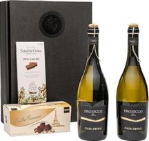 „Prosecco DOC“ dovanų rinkinys su 2 buteliais „Prosecco DOC Casa Defra“, aukščiausios kokybės šokoladiniais triufeliais ir tamsaus šokolado
