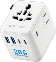 „Pro“ kelioninis adapteris – pasaulinis kelioninis kištukas su 3 USB-C (28 W) ir 2 USB-A jungtimis | Tarptautinis kelioninis kištukas – universalus adapteris be įtampos keitiklio, skirtas ES, JK, JAV, Australijai ir daugiau nei 200 šalių (baltas)