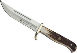 „Puma SGB Trail Guide“ – medžioklinis ir lauko peilis – rankena iš tikro elnio rago – 120 mm geležtė, pagaminta iš vokiško plieno (1.4116, 55–57 HRC) – Varinis fiksatorius – Komplekte odinis dėklas (prekės nr.: 6116382L)