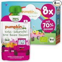 „Pumpkin Organics“ ekologiškas daržovių tyrėlis su mėlynėmis, be pridėto cukraus, 8 vnt. pakuotė | Ekologiškas daržovių tyrėlis, kurio sudėtyje yra 70 % daržovių ir mažiau vaisių cukraus, skirtas vaikams nuo 6 mėnesių; puikus papildomas maistas ir užkandi
