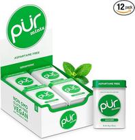 „PUR“ mėtų saldainiai, be aspartamo, pagaminti su ksilitoliu, be cukraus, veganiški, be glitimo ir tinkami keto dietai, natūraliai aromatizuoti mėtų saldainiai, 30 vnt. pakuotė (12 vnt. pakuotė)