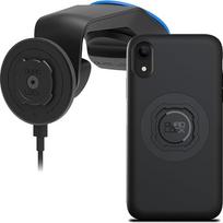 „Quad Lock“ automobilinis mobiliojo telefono laikiklis, skirtas montuoti ant priekinio stiklo arba prietaisų skydelio, su „MAG“ belaidžio įkrovimo galvute V2 ir „MAG“ telefono dėklu, skirtas „iPhone XR“