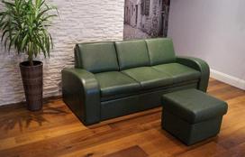 „Quattro Meble Oslo FS“ trijų vietų sofa su miego funkcija ir pufu, odinė sofa, tikros odos sofa, žalia, 200 cm pločio, įvairių spalvų pasirinkimas