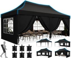 „Quictent“ greitai surenkamas paviljonas su nuožulniu aukštu stogo viršūnės tašku, patvarus, komercinis renginių paviljonas su vitražinio lango tipo šonais, skirtas kiemui, vakarėliams, prekybos automatams, 3 x 6 m, juodos spalvos