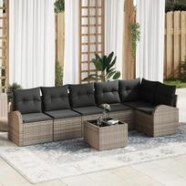„Rantry“ 6 dalių sodo sofų komplektas su pagalvėlėmis, juodo poli-rotango, 2-vietė sodo sofa su daiktų laikymo skyriumi ir pagalvėlėmis, pilko poli-rotango sodo poilsio komplektas, modelis 3354738